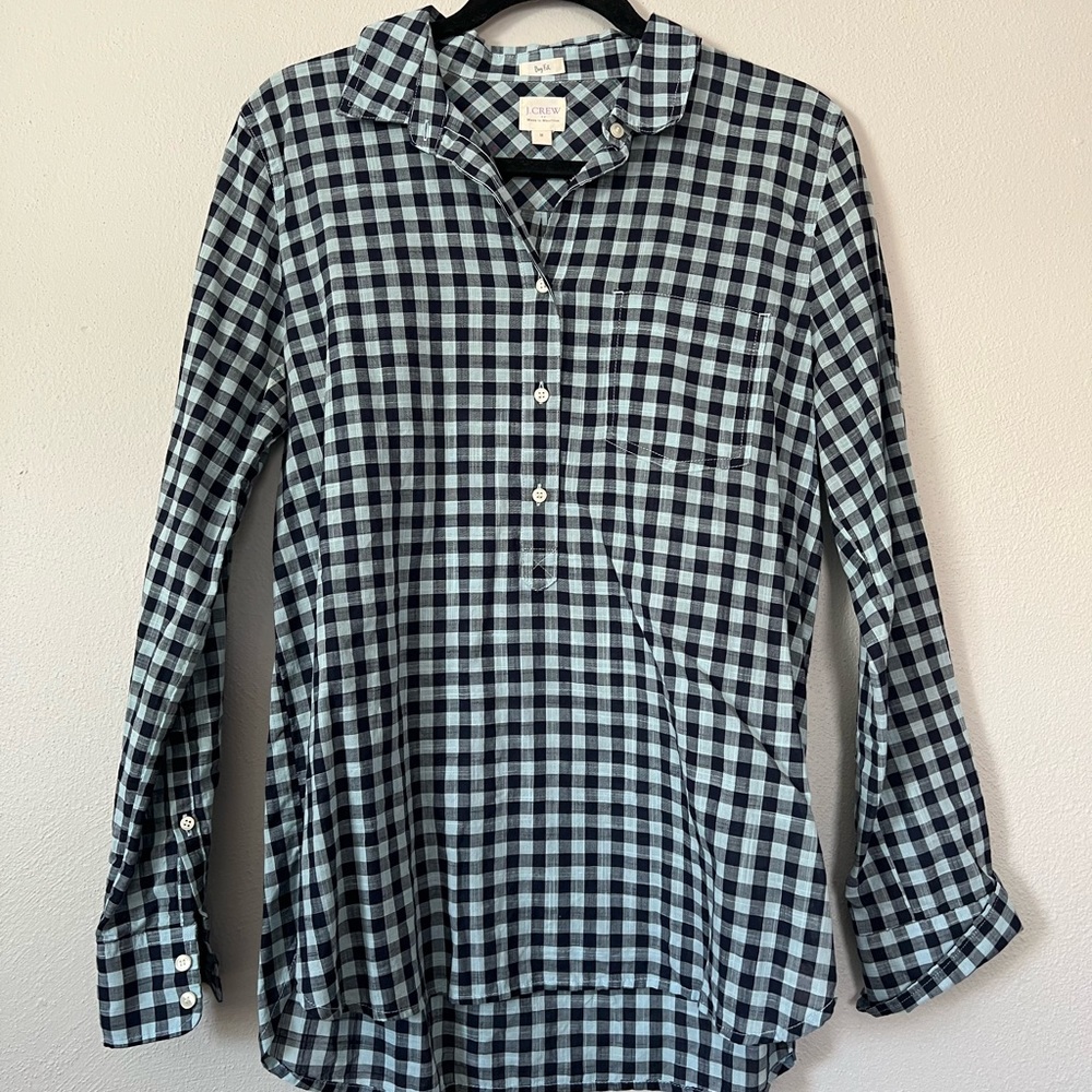 J. Crew Factory Plaid Gauze Popover Shirt Top Women Size Medium Red Blue Button